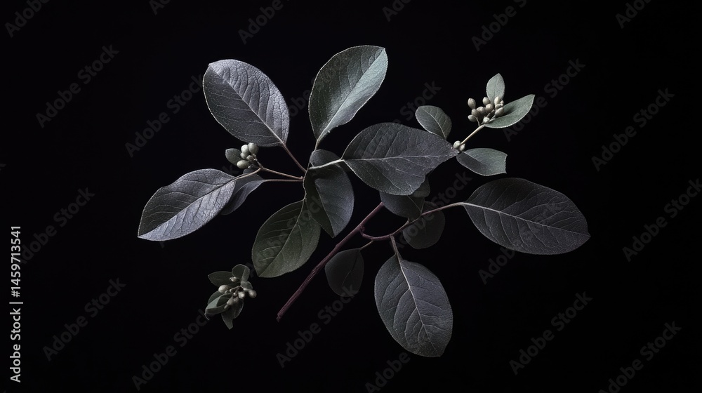 Delicate, muted green leaves and small berries arranged on a black background. Soft, muted tones create a tranquil aesthetic