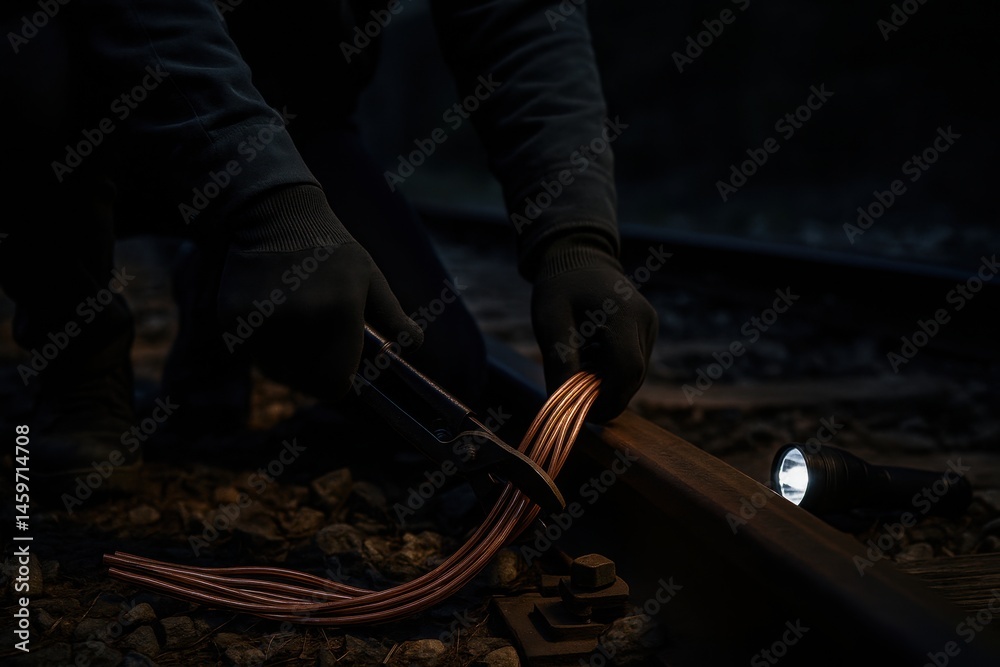 Close-up of gloved hands cutting copper cable on tracks at night. AI-generated