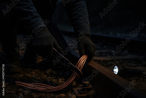 Obraz na płótnie Close-up of gloved hands cutting copper cable on tracks at night. AI-generated w salonie