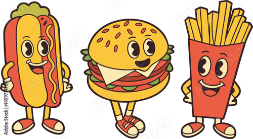 Retro Cartoon Fast Food Characters Hot Dog Burger Fries