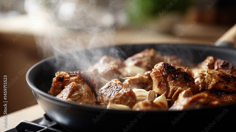A closeup of a sizzling skillet filled with marinated chicken s caramelizing on high heat while a fragrant garlic aroma fills the air.