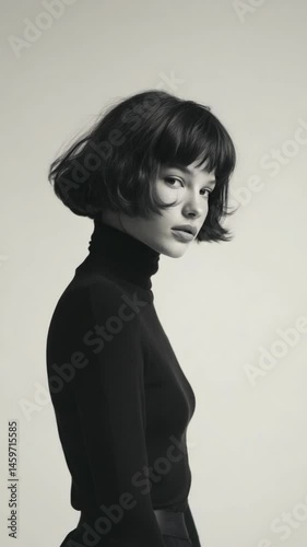 Monochrome studio portrait of a young woman with a short hairstyle wearing a black turtleneck against a light background.