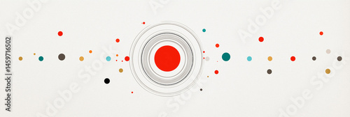 Abstract composition of colorful circles with central red dot and radiating lines on light background