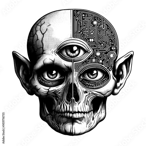 Half-Skull half alien with mechanical and electronic parts  with Third Eye and Circuitry Design in Black and White  