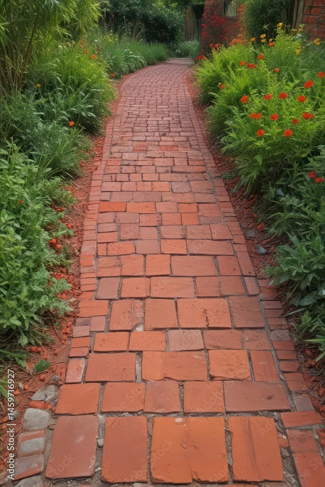 Red brick footpath, vegetation, neat outdoor space, nature, pathway, exterior Red brick footpath, vegetation, neat outdoor space, nature, pathway, exterior