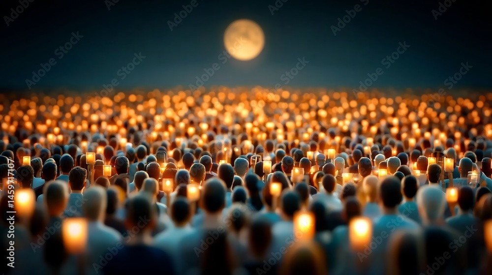 Obraz premium Huge crowd holding candles at night, under full moon