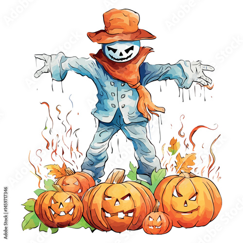 A spooky cartoon illustration features a black-hatted witch and orange Halloween pumpkin under the October night moon, complete with a cat, bat, and ghostly horror design