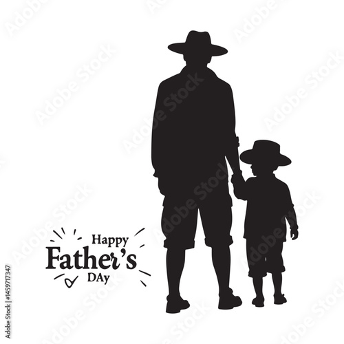 Features a silhouette of father and son holding hands standing in grass, Happy Father's Day.'
