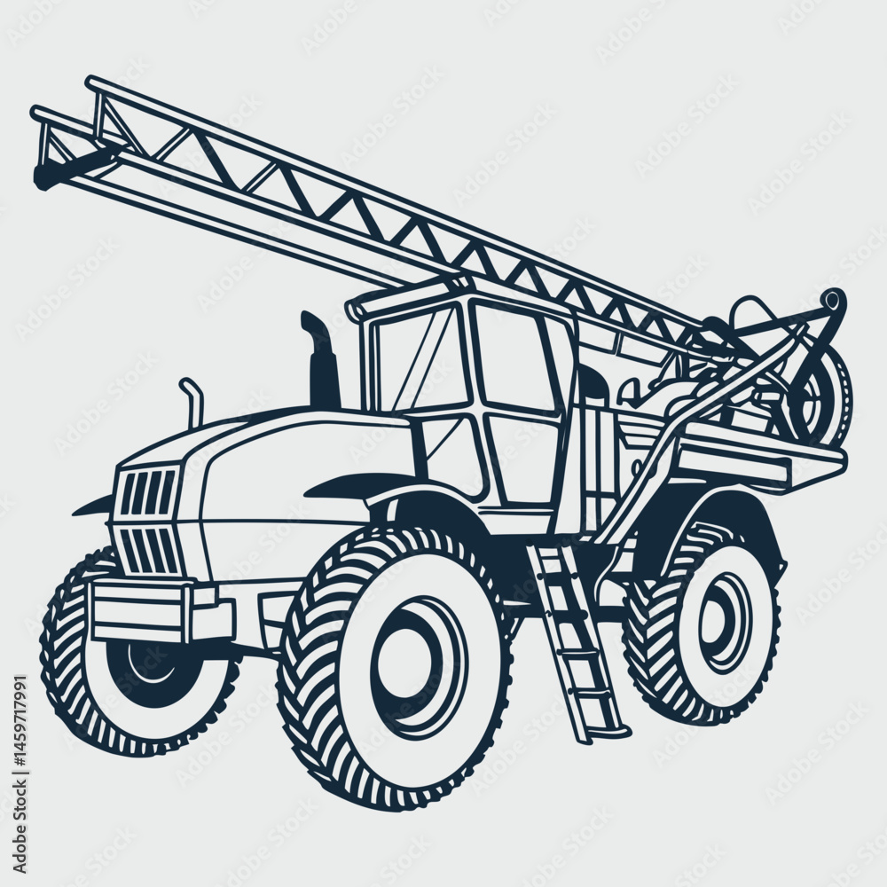 Naklejka premium Self-propelled sprayer, Agricultural tractor with ladder working in a field 