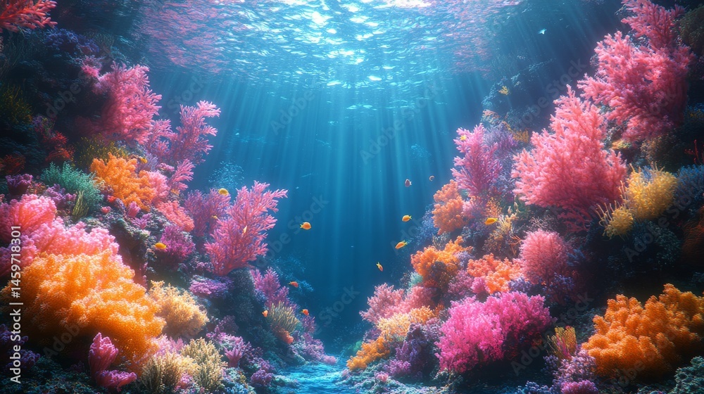 Fototapeta premium Vibrant reef teeming with life, neon-colored corals glowing under soft underwater lighting -