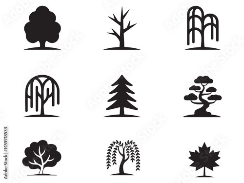 A collection of simple, black silhouette illustrations of various tree types, including deciduous trees, conifers, weeping willows, and a bonsai on white