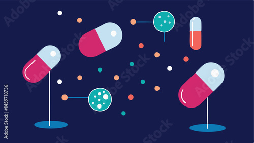 Drug Delivery Systems An illustration of miniature capsules traveling through vessels releasing targeted medicine at specific cells depicted with glowing highlights.