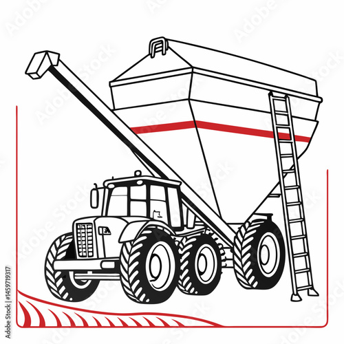 Grain trailer with auger. Agricultural tractor unloading grains with ladder in a farm setting  