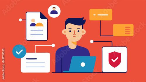 Digital Identity Verification An illustration of a user submitting identity documents electronically with a secure blockchain validation process occurring in the background.