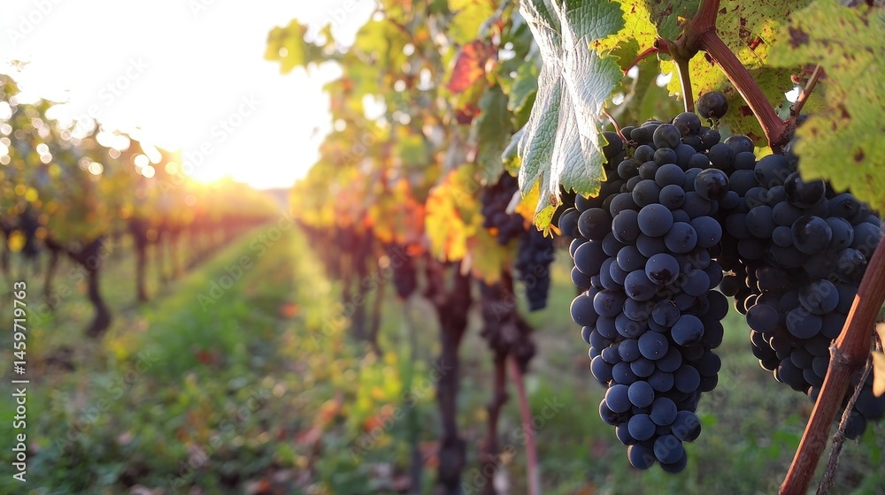 Fototapeta premium Sunlight highlights a cluster of ripe grapes on a vineyard row.