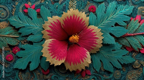 Vibrant hibiscus flower and tropical leaves artfully arranged on a teal background. Detailed floral design with gold accents and intricate patterns