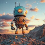 Cute robot stands on a rocky landscape at sunset.  Rusty, vintage-style design with vibrant colors.  Bright, glowing eyes