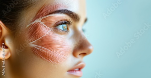 Close-up of a woman’s face with anatomical muscle illustration overlay, ideal for cosmetology, facial massage, beauty therapy, and aesthetic medicine educational or promotional materials..