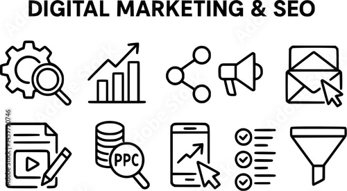 Digital Marketing & SEO Line Icons Set – Strategy, PPC, Email, Social Media, Analytics