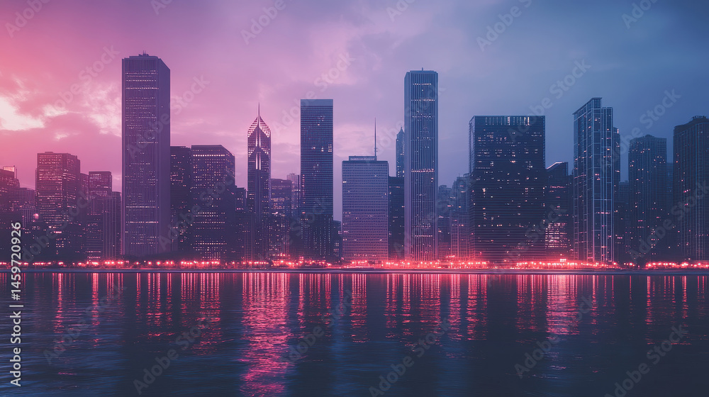 Fototapeta premium Pink and Purple City Skyline at Night with Water Reflection