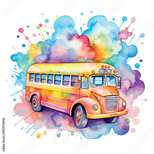 A yellow cartoon school bus, a common vehicle for child transportation and education travel, waits at a stop