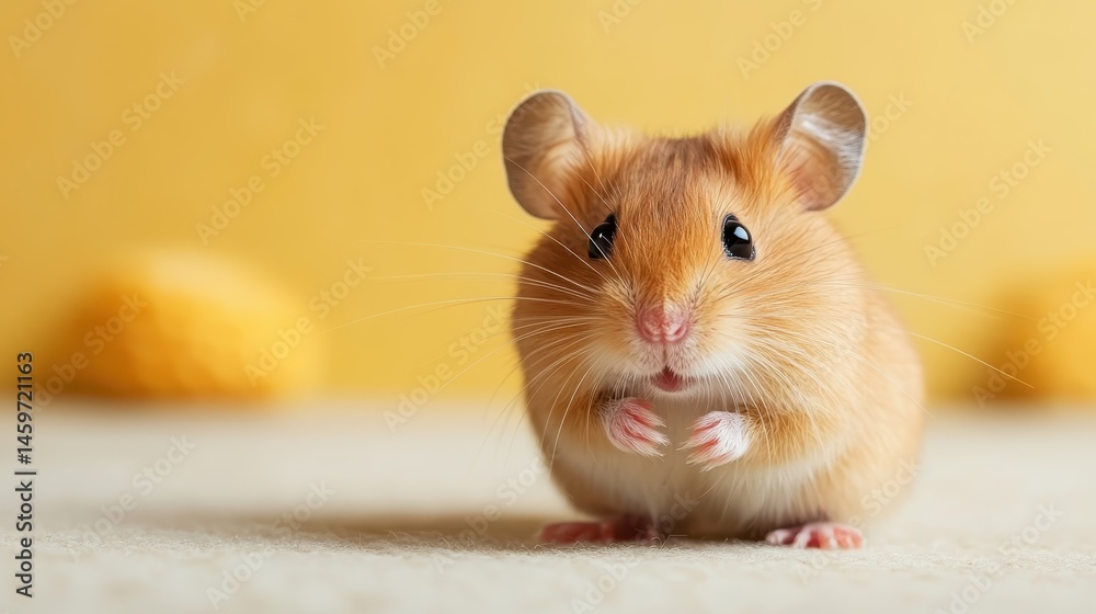 A cute hamster stands against a vibrant yellow backdrop, its bright eyes and inquisitive nature evoking feelings of joy and softness in a playful and lively setting. A cute hamster stands against a vibrant yellow backdrop, its bright eyes and inquisitive nature evoking feelings of joy and softness in a playful and lively setting.