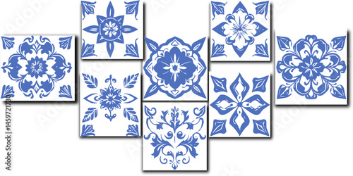 Blue and White Tile Grid Illustration – 49 Intricate Pattern Designs in 7x7 Layout