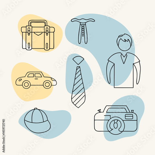 Father's Day themed icons featuring everyday items and professions on a pastel background