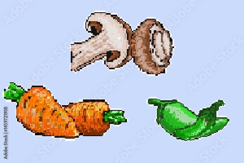 A playful pixel art illustration of vibrant fruits designed as characters for a retro-style video game.