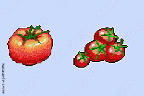 A playful pixel art illustration of vibrant fruits designed as characters for a retro-style video game.