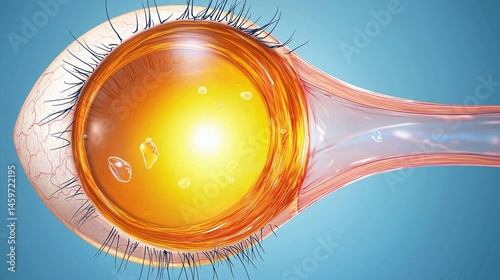 medical illustration of human eye showing vitreous body with floating debris and liquefaction, detailed inner anatomy visible, soft lighting, scientific diagram style, right side space for copy 