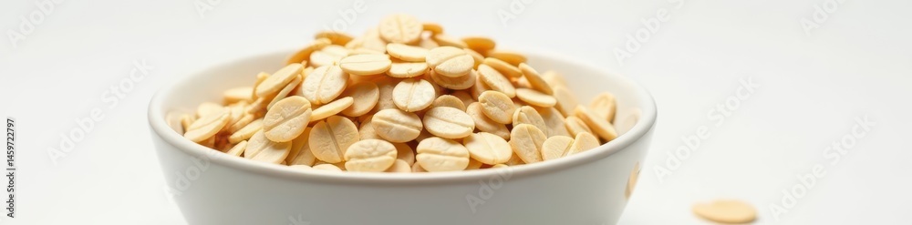 Fototapeta premium Rolled oats in a ceramic bowl, pure white backdrop , studio shot, food styling