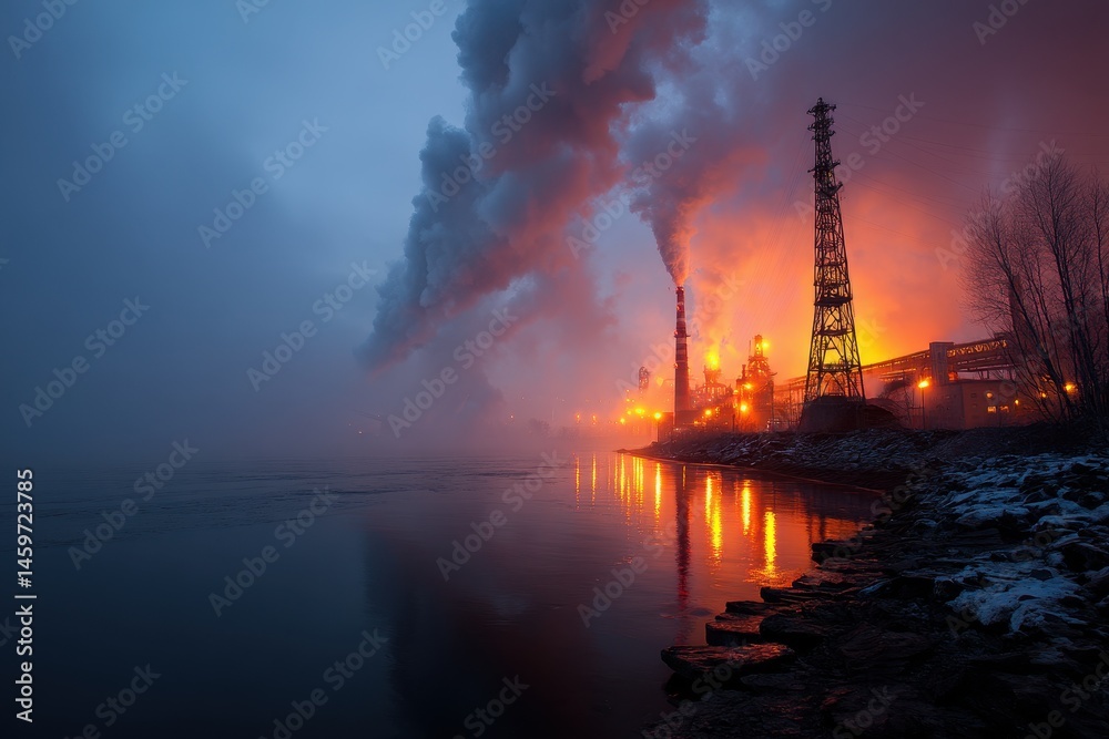 Fototapeta premium Ironwork Facility Emitting Nitrogen Oxide Fumes Near Scenic Lake: Environmental Impact and Air Contamination Concerns