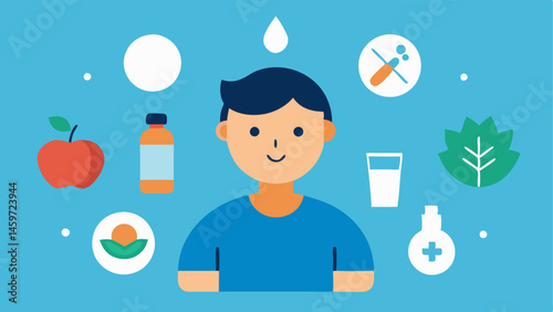 Lifestyle Integration An illustration showing a person engaging in healthy lifestyle habits hydration skincare routine along with exosome treatments highlighting overall wellness