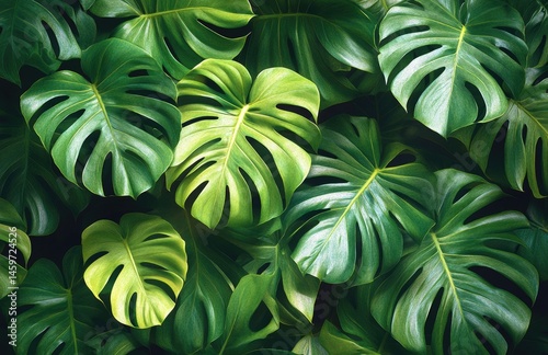 Lush green monstera leaves background