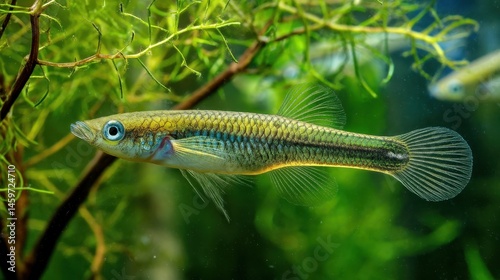 Gambusia Affinis: Adult Mosquito Fish in Natural Aquatic Setting Surrounded by Plants photo