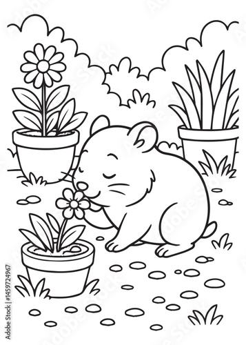 Coloring book hamster with closed eyes gently sniffs a flower amongst potted plants under fluffy clouds.