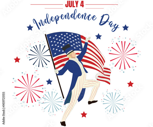 Patriotic illustration of uncle sam celebrating american independence day with fireworks