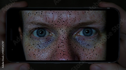smartphone screen showing a blurred selfie with dark spots, mimicking how vitreous floaters affect digital photos. Realistic, relatable modern context. digital vision, smartphone perspective, 