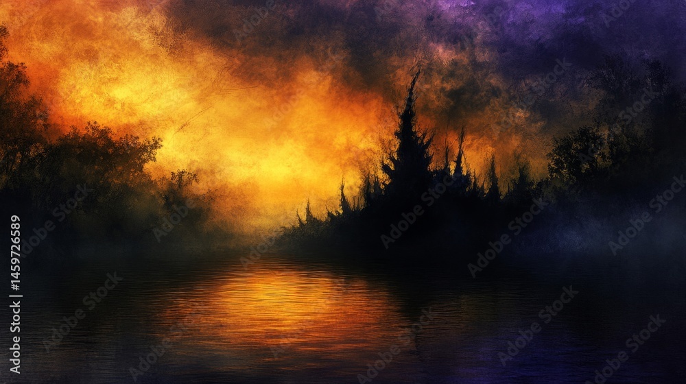 Obraz premium Fiery Sunset Over a Misty River and Silhouetted Forest