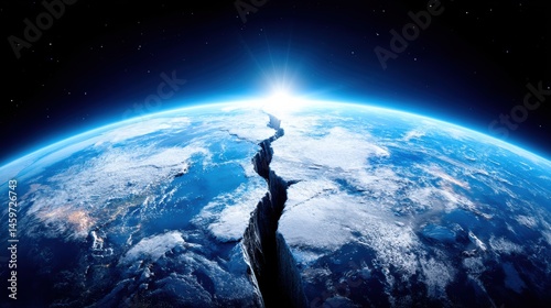 A dramatic sunrise over Earth shows a massive crack splitting the planet, viewed from space against a starry background.