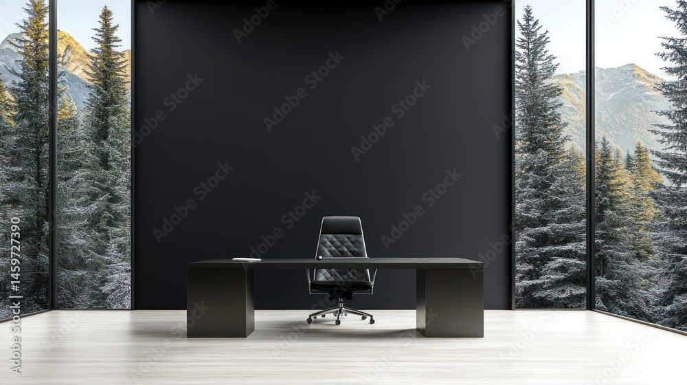 Fototapeta premium Black office desk with mountain forest view