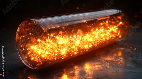 High fidelity molecular reaction inside test tube glowing neon particle colliding creating radiant arc of light ultra detailed reflection glass cinematic lighting highlighting reaction intensity 8K photo