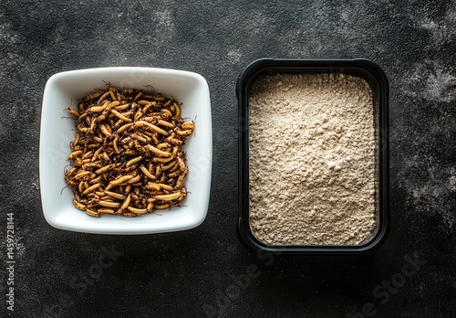 Edible Insects for Sustainable Nutrition: Protein-Rich Mealworms and Flour on Textured Dark Background