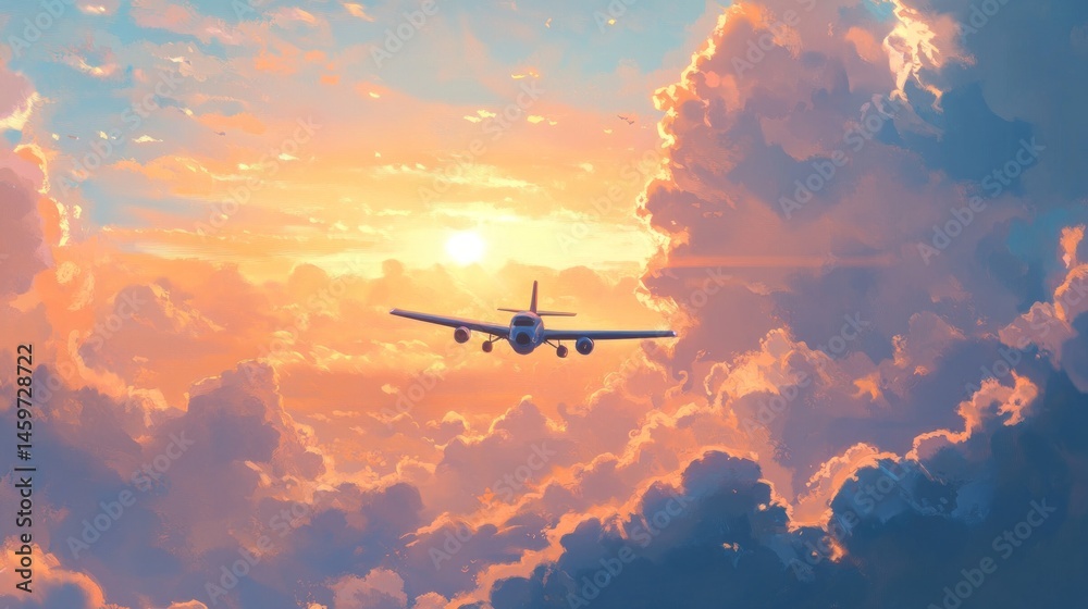 Fototapeta premium Sunset Flight: Airplane Soaring Through Golden Clouds