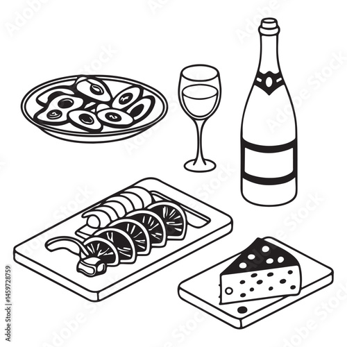 Minimalist food and wine hand drawn sketch set. Cheese platte, ousters plate, charcuterie Jamon and salami board, vine bottle, 
drink glass, champagne vector