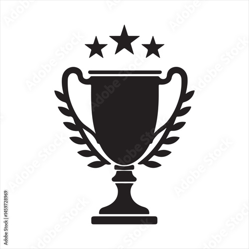 Trophy Icon with Laurel Wreath and Stars,Award Cup Symbol with Laurel Branches,Champion Trophy with Laurel and Stars,Victory Trophy Emblem in Black Silhouette,Laurel Wreath with Cup and Star Icons
