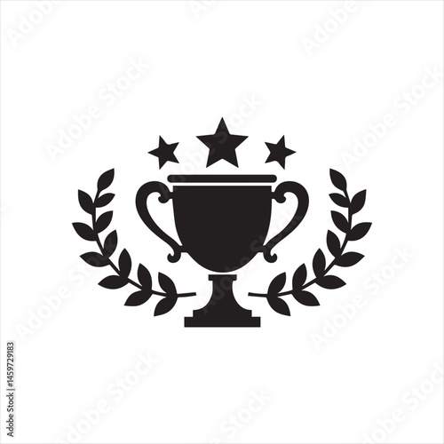Trophy Icon with Laurel Wreath and Stars,Award Cup Symbol with Laurel Branches,Champion Trophy with Laurel and Stars,Victory Trophy Emblem in Black Silhouette,Laurel Wreath with Cup and Star Icons