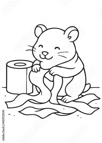 Coloring book hamster happily pulls apart a roll of toilet paper. Adorable line art for coloring  creative kid