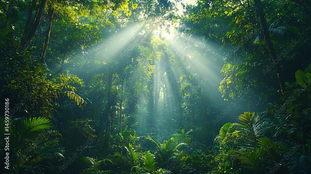 Sunlight streams through lush rainforest canopy Sunlight streams through lush rainforest canopy